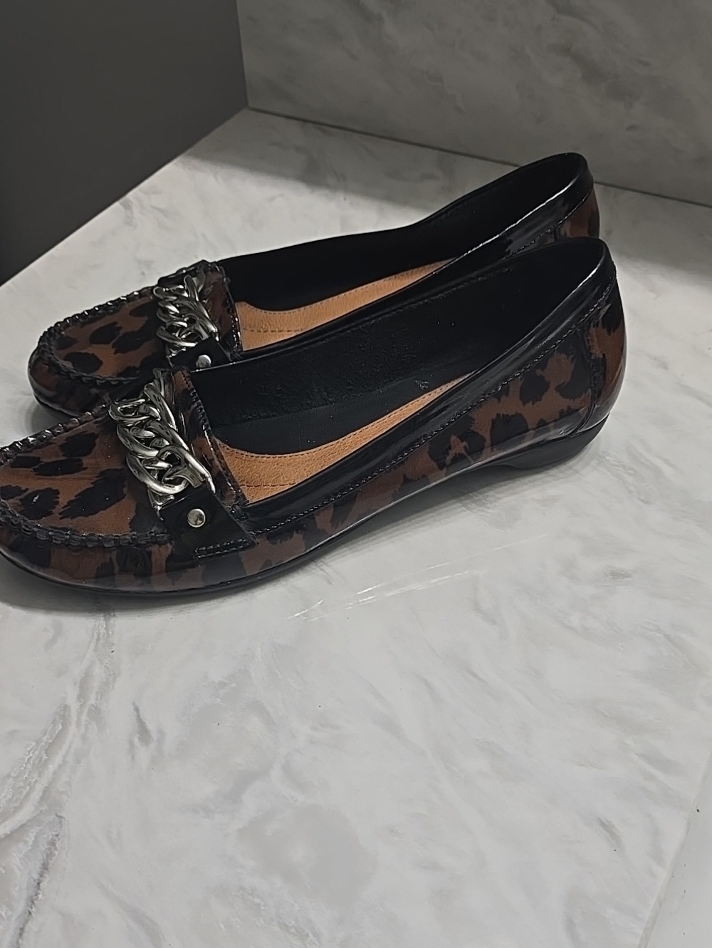 Nurture "Sydney" Patent Leather Leopard Print Chain Loafers  Size 8M